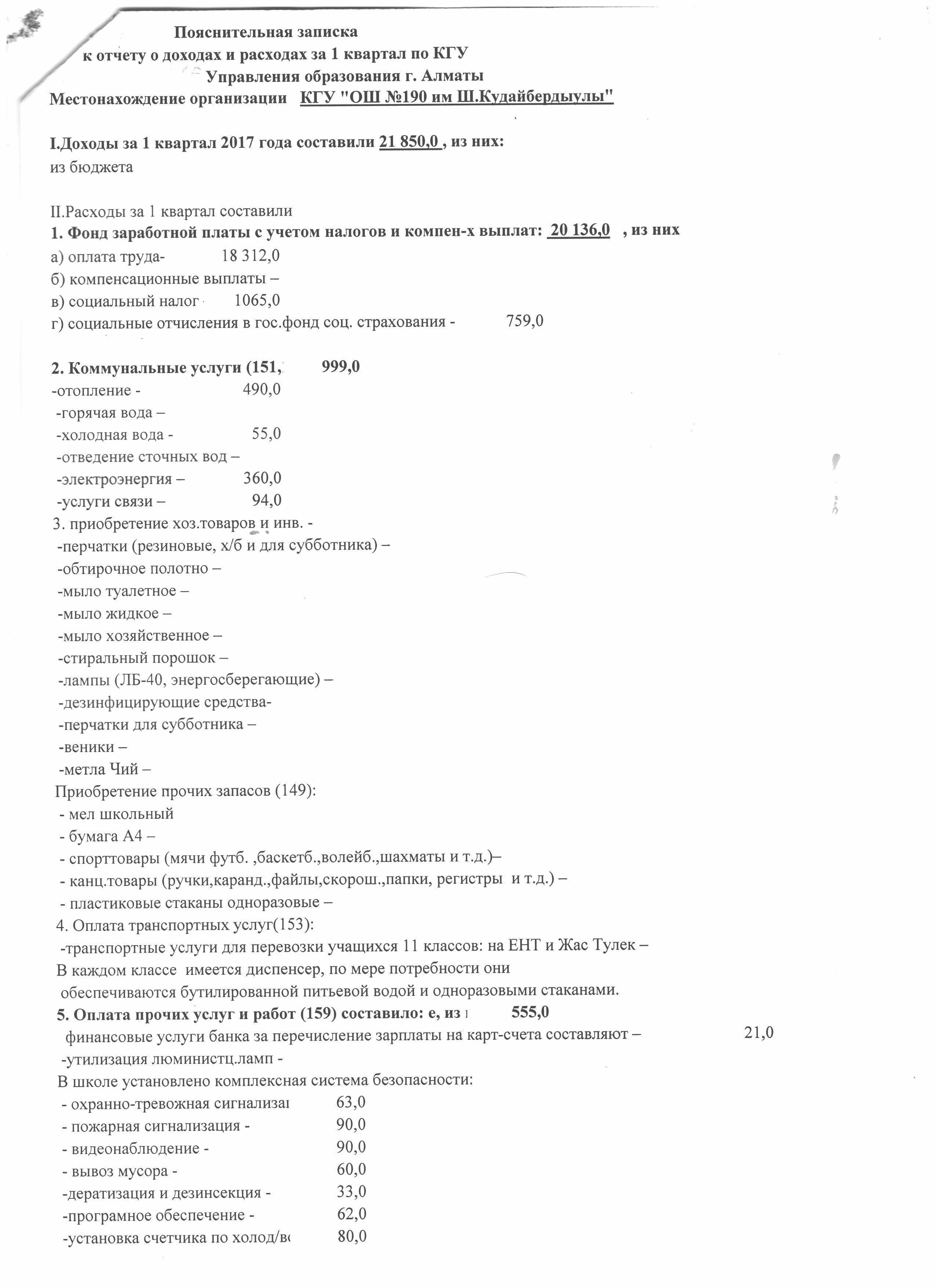 Отчет о доходах и расходах за 1 квартал 2017 года
