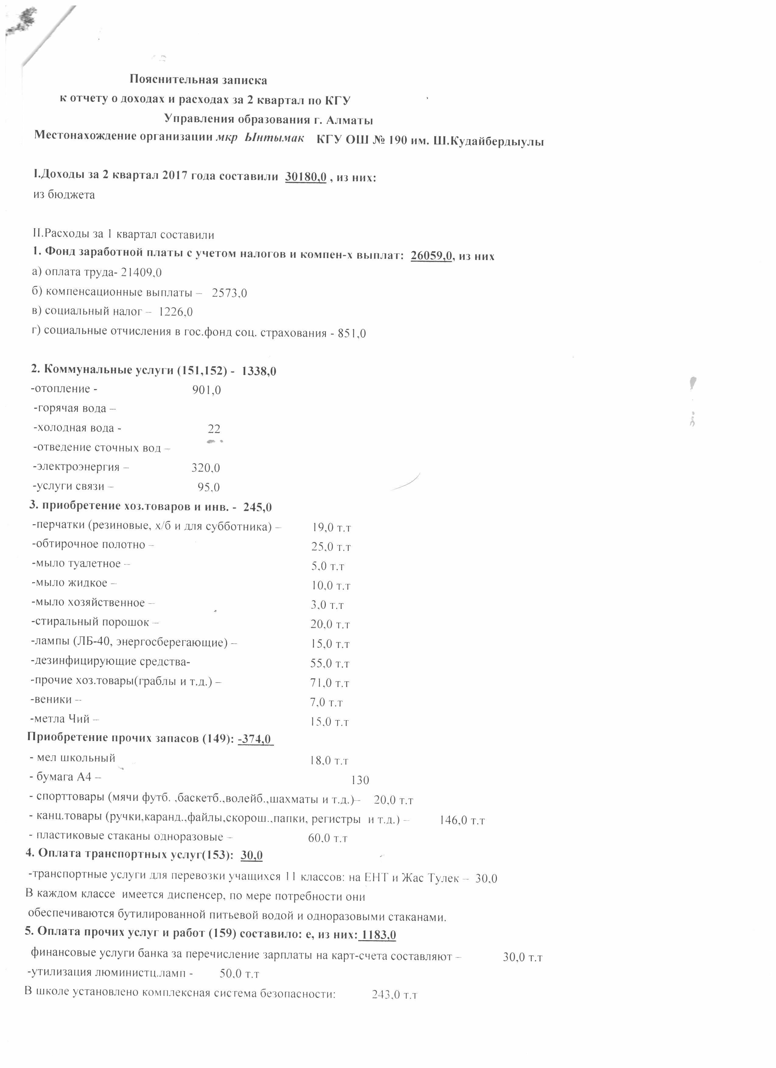 Отчет о доходах и расходах за 2 квартал 2017 года