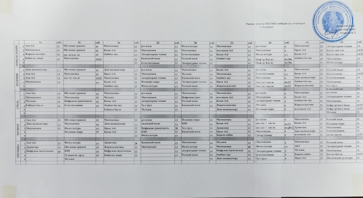 Сабақ кестесі 2023ж-2024ж. 4 тоқсан